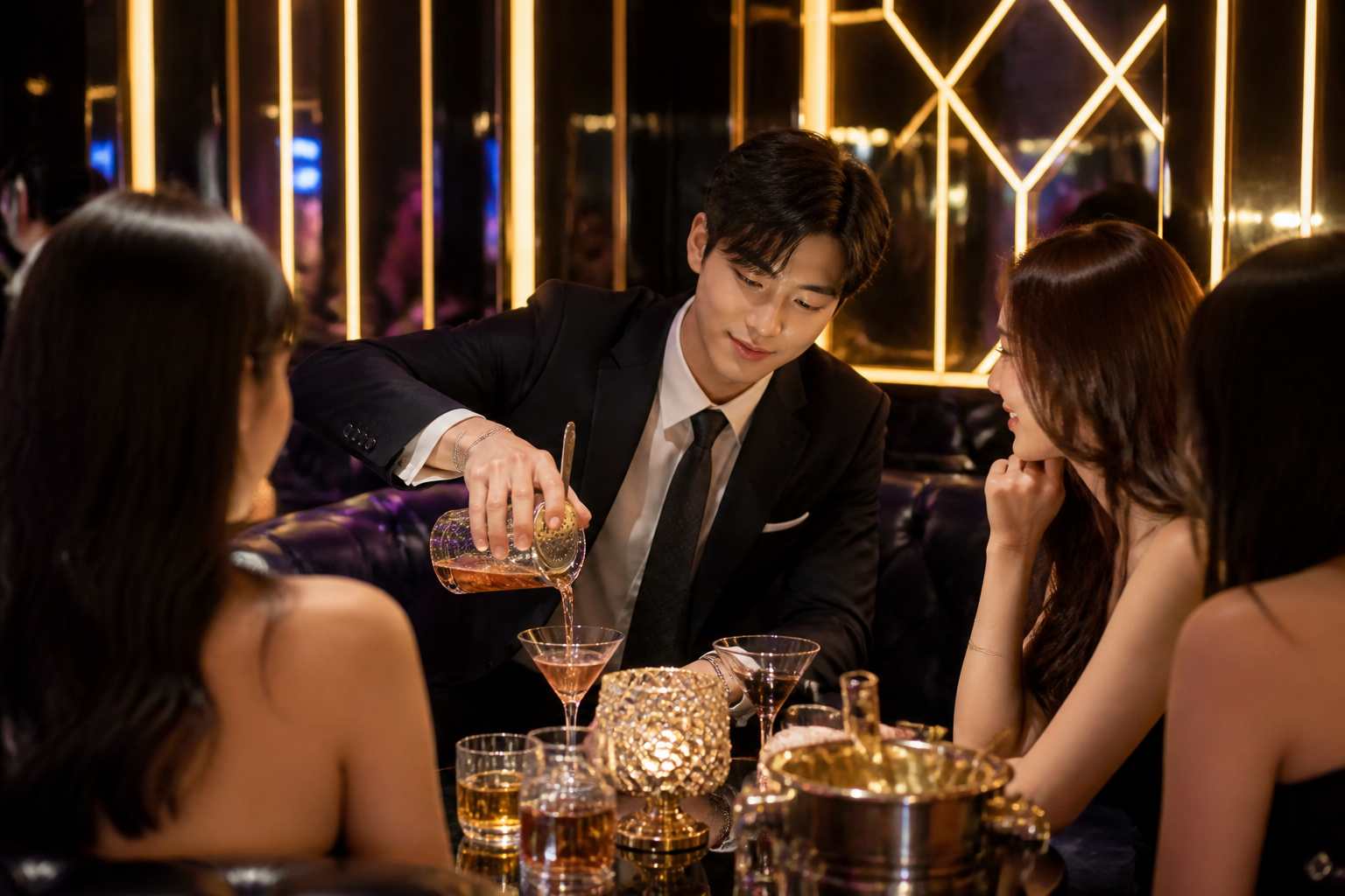 강남 호빠 VIP 바·남성 호스트 분위기. AI 생성 분위기 이미지 — 실제 업체 사진이 아닙니다