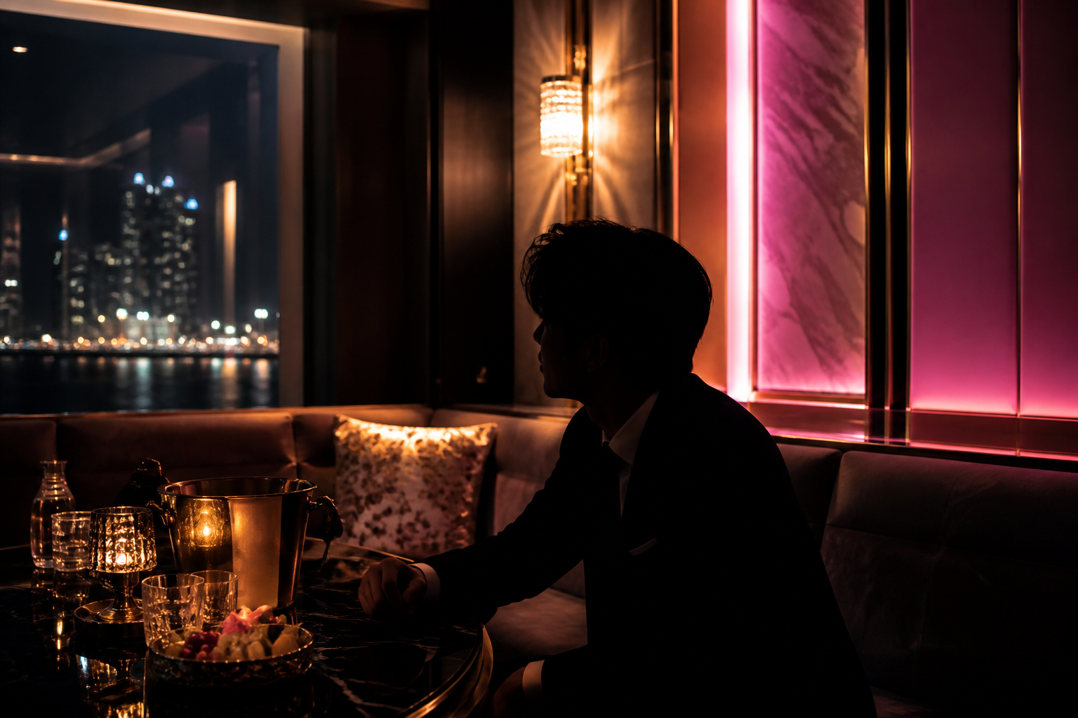 해운대 호빠 럭셔리 바·남성 호스트 분위기. AI 생성 분위기 이미지 — 실제 업체 사진이 아닙니다